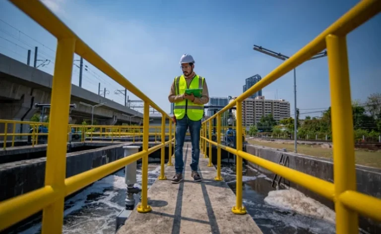 a worker in a yellow vest wearing safety goggles and a white safety helmet holds a binder while walking across a construction site