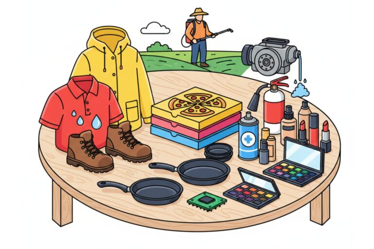 graphic representing products that have PFAS in them like non-stick frying pans, rain jackets and cosmetics